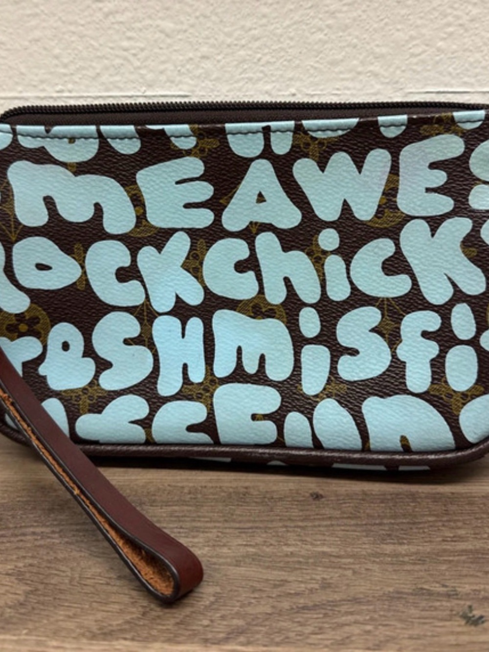 Blue Graffiti Print Wristlet Clutch